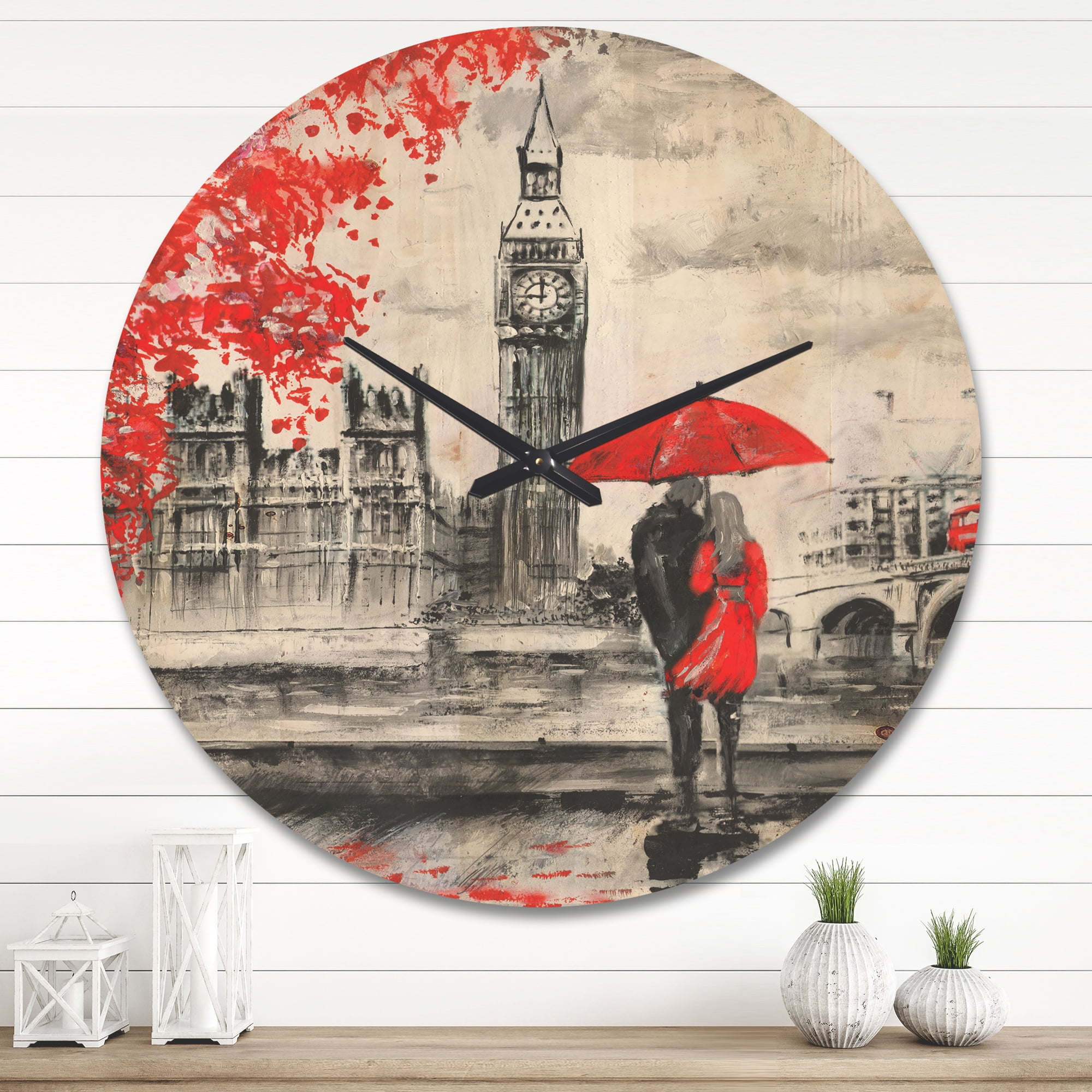 Designart 'Couples Holding Umbrella Walking in Paris II' Modern Wood Wall Clock
