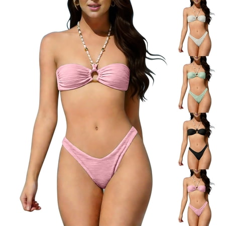 QIUOMBBP Women s Halter Bandeau Bikini Strapless O Ring String Swimsuit Top with High Cut Bottom 2 Piece Triangle Bathing Suit for Beach Beige M