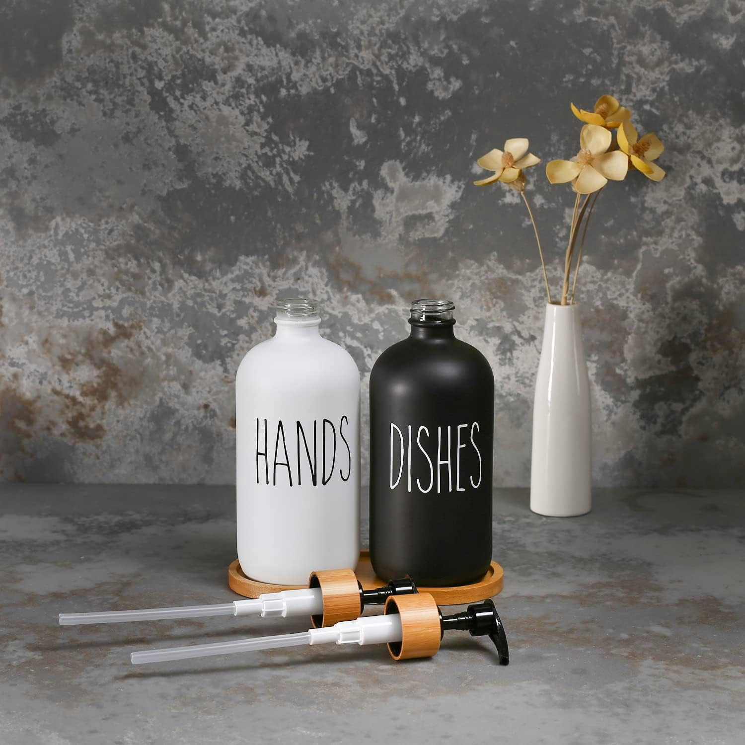 WOVTE Glass Hand and Dish Soap Dispenser Set, Kitchen Soap Dispenser Set with Tray, Suitable for Kitchen Sink, Housewarming Gift, Countertop Decor, Rustic Kitchen Decor (Black&White, 16oz)