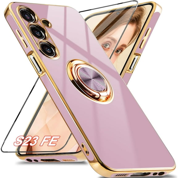 for Samsung Galaxy S23 FE Case with Screen Protector, Built-in 360° Magnetic Ring Holder, Slim Fit Luxury Plating Edge Shockproof Protective Cover with Stand (Purple/Golden)