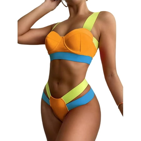 

Amuver Women 2Pcs Swimsuit Bandage Wide Straps Underwire Bra Briefs Split Swimwear