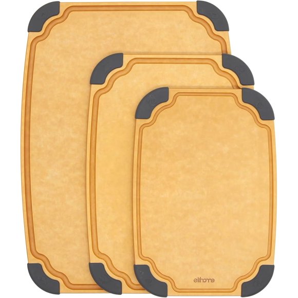Elihome Série Essentielle Ensemble de Planches à Découper 3-en-1, Compatible Couteau, Lavable au Lave-Vaisselle, Rainure à Jus, Réversible, Non Poreuse, Écologique, Ensemble de 3