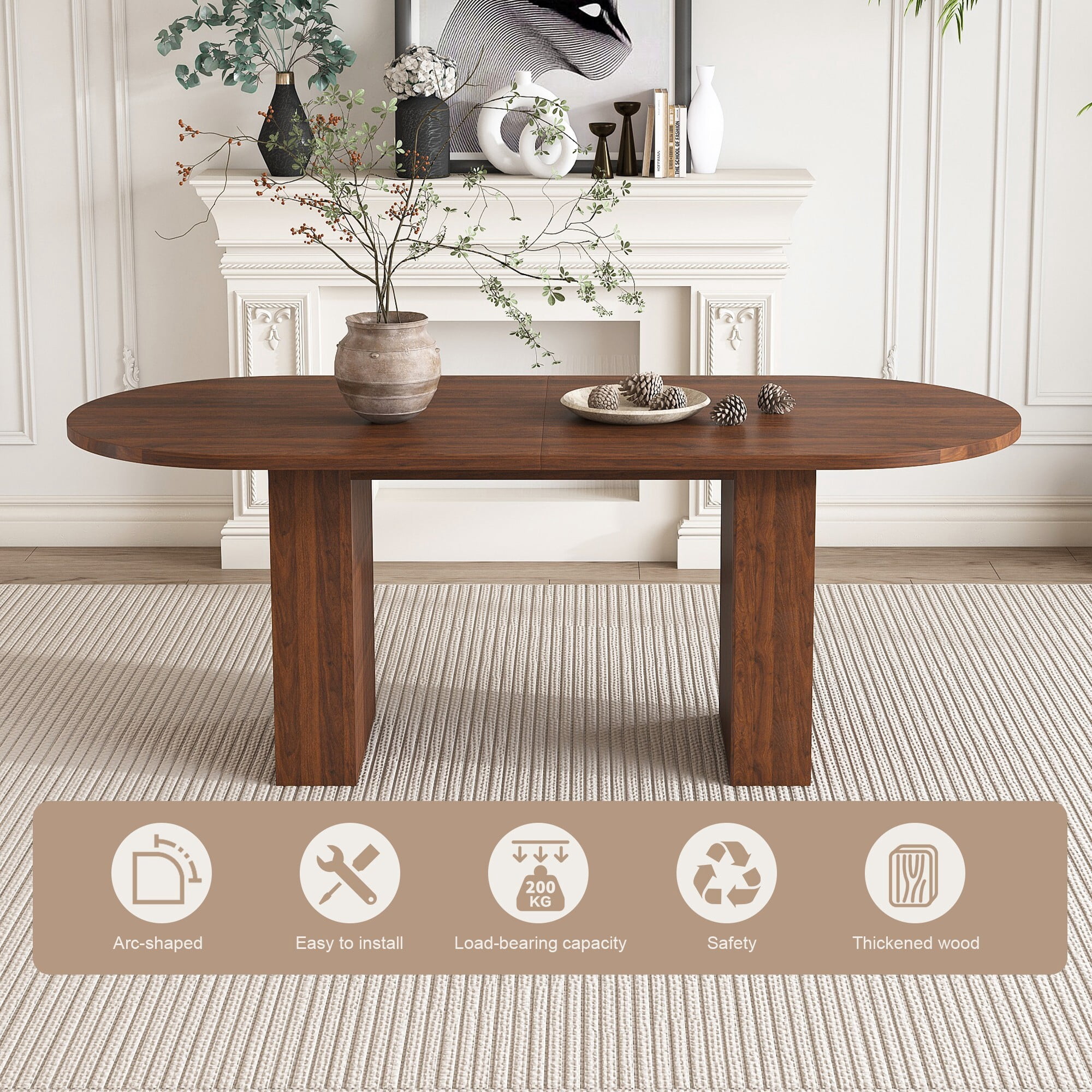 AENKYO 63" Oval Dining Table for 4-6, Modern Farmhouse Kitchen Table with Fluted Pedestal Base, Walnut