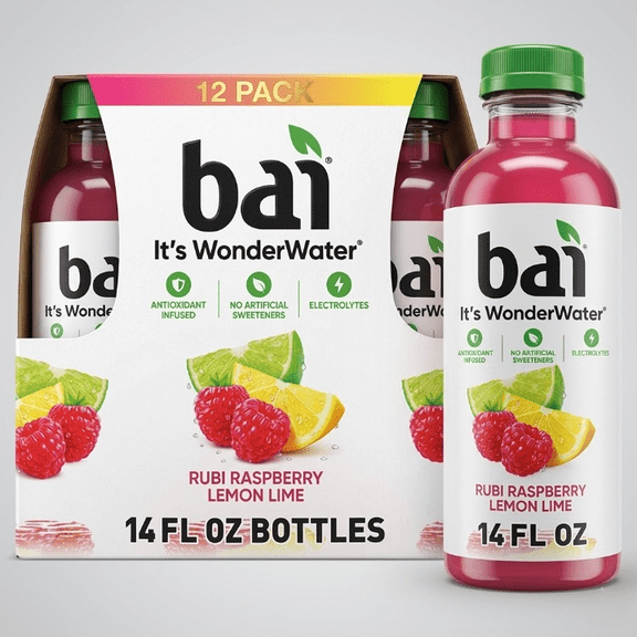 Bai Raspberry Lemon Lime Antioxidant Infused Water Beverage, 14 fl oz Bottles, Low Calorie Fruit Flavored Drink, Pack of 12