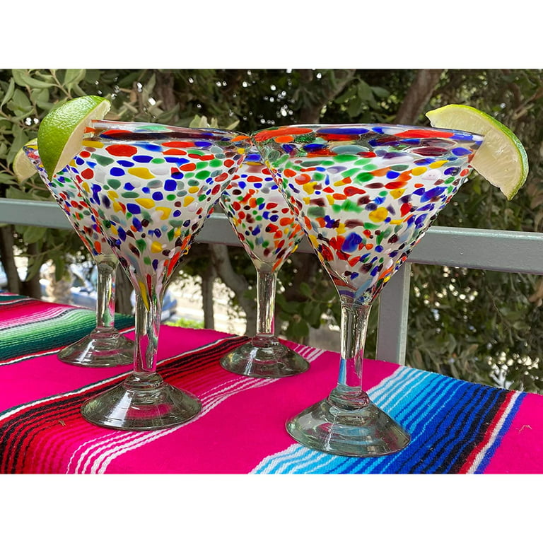 Mexican Hand Blown Glass – Set of 4 Hand Blown Modern Margarita Glasses - Confetti Rock (12 oz)
