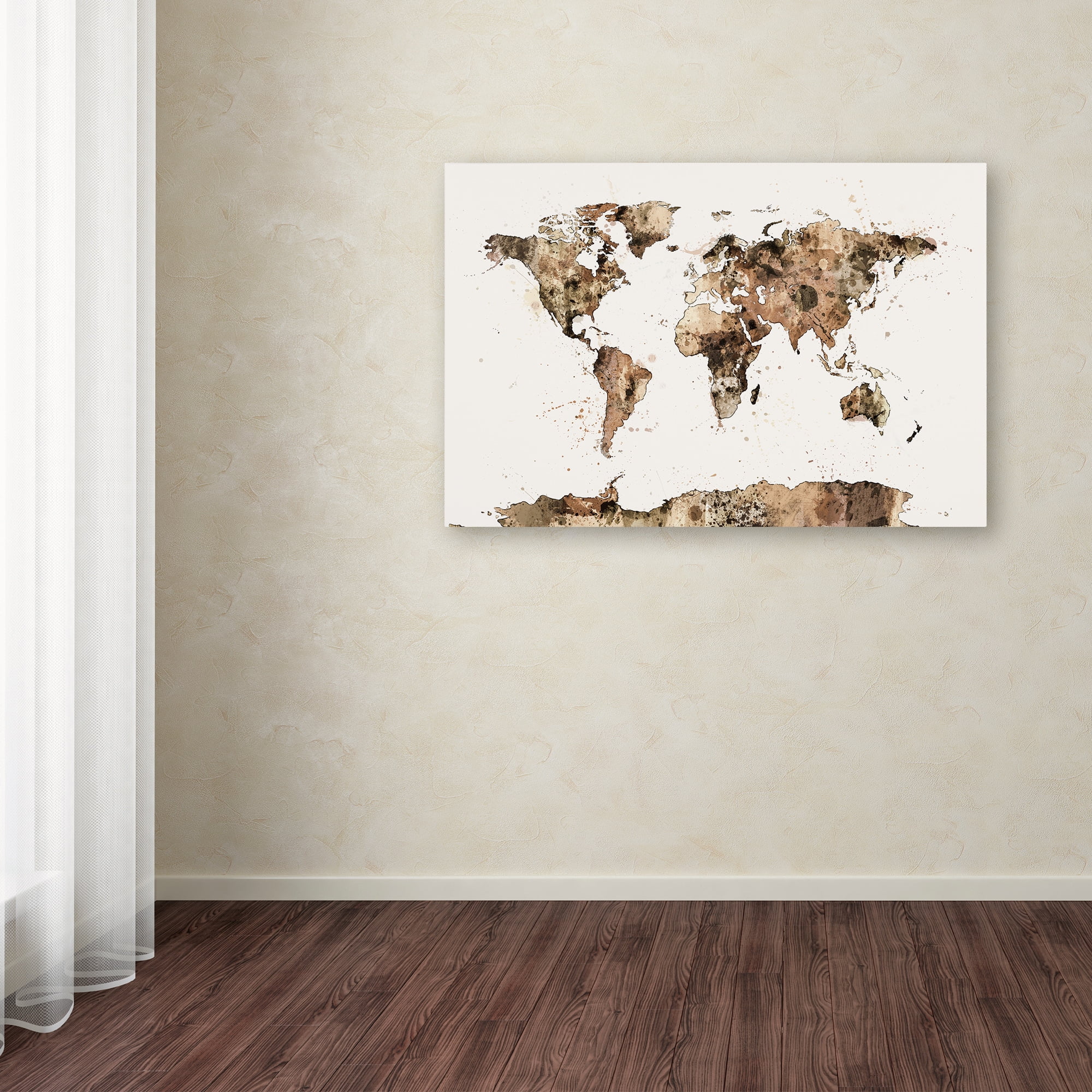 Trademark Fine Art "Map of the World Sepia Watercolor" Canvas Art by Michael Tompsett
