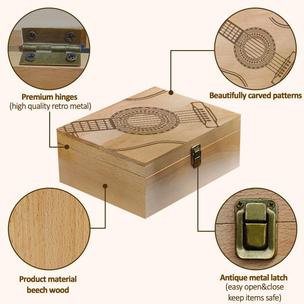 Guitar Theme Wooden Memory Keepsake Box Metal Knot Box with Hinged Lid and Lock Decorative Storage Box Stash Box for Photo Letter Souvenir Jewelry 7.6x9.6x4inch