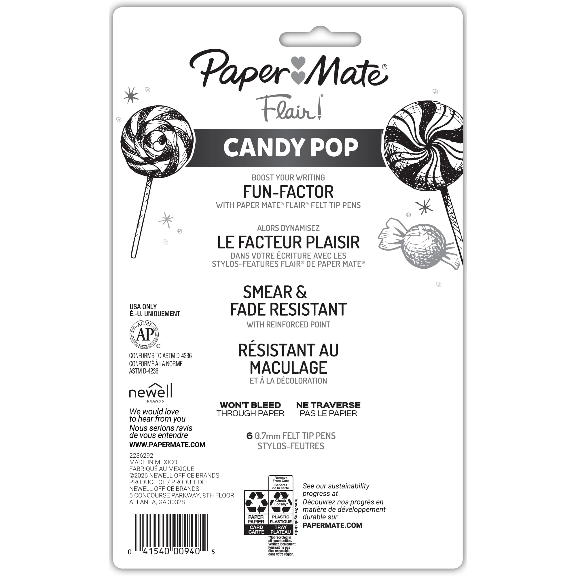 Paper Mate Flair Felt Tip Pens, #1 Teacher Choice, Medium Point (0.7mm), Limited Edition Candy Pop Pack, 6 Count