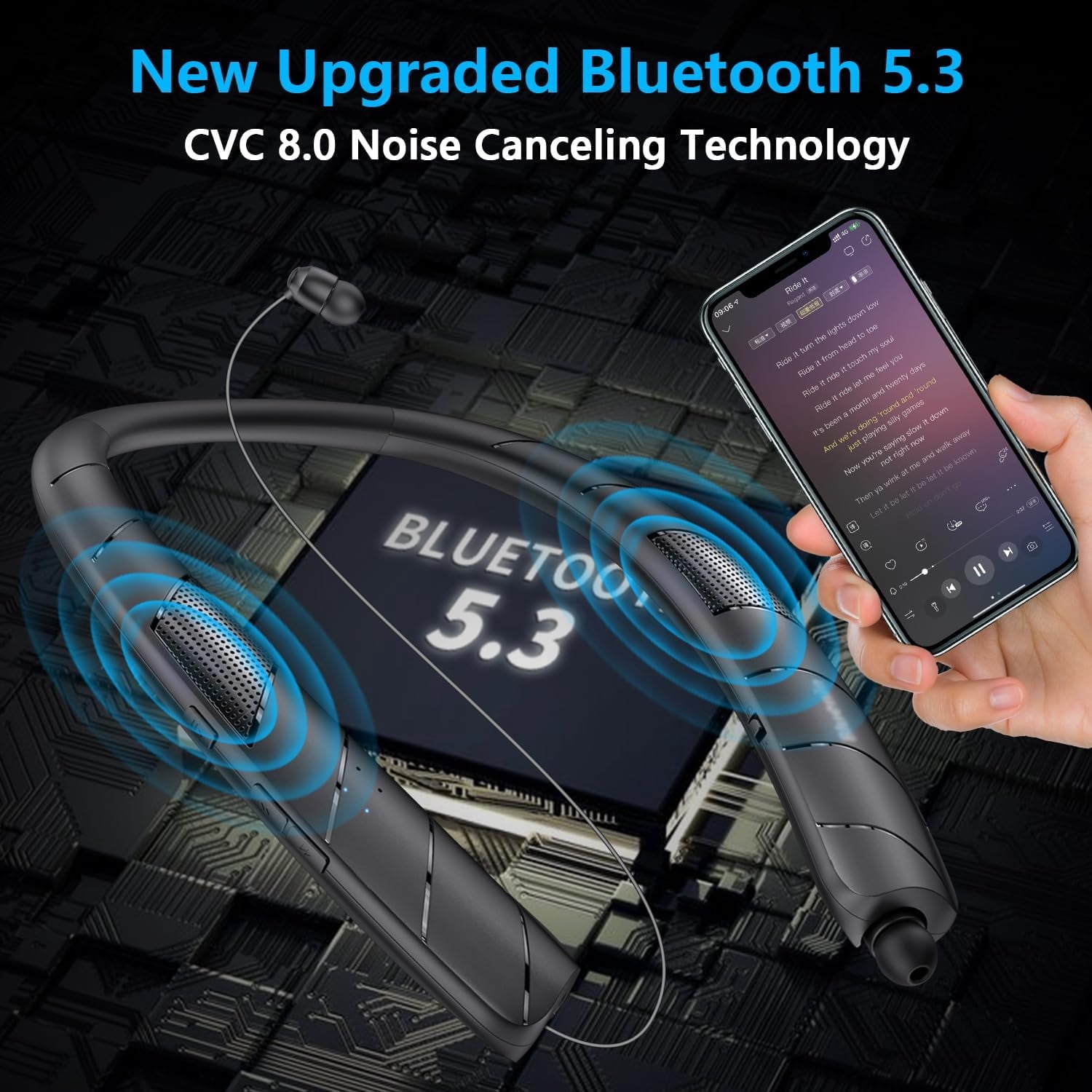 Bluetooth Headphones, Wireless Headphones, 2-in-1 Neckband Bluetooth Headphones with Retractable Earbuds, 3D Stereo Sound Sweatproof Headset Wearable Speaker, Black