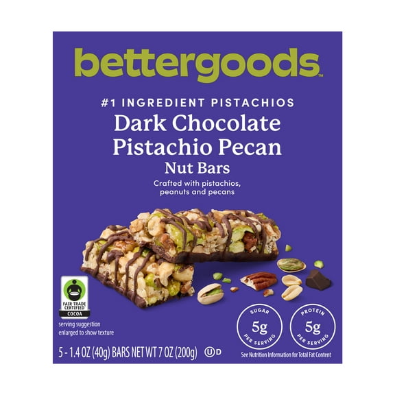 bettergoods Dark Chocolate Pistachio Pecan Nut Bars, 1.4 oz, 5 Count