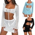 thumbnail image 7 of Douhoow Women 2 Pieces Beachwear Long Sleeve Tie-Up Front Knitted Cover Ups Sarongs Mini Skirts Set, 7 of 7