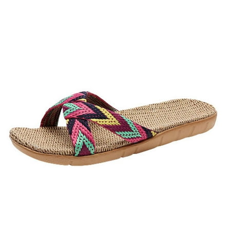 

YanHoo Women s Linen Flat Sandals Open Toe Cross Strap Indoor Slide Sandals Summer Casual Non-slip Shoes for Beach