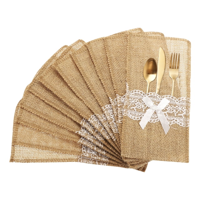 Uxcell 24Pcs Funda de Utensilios de Arpillera con Encaje, Soporte para Cubiertos