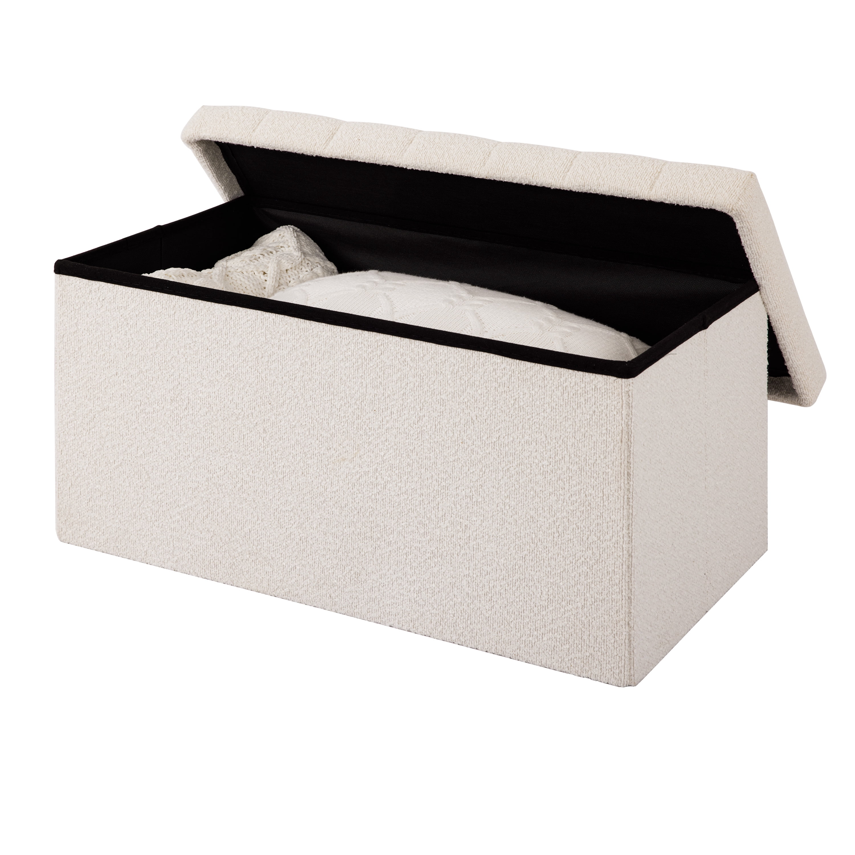 Seville Classics Cushioned Fabric Ottoman Hidden Storage Chest Footrest Chair, Padded Seat for Bedroom, Dorm, Loft, Living Room, Entryway, Hallway, White Boucle, 30" Bench