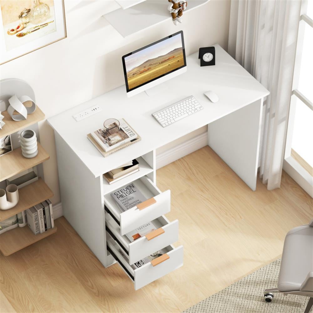 Demi Bonn Home Office Desk with Power Outlet 3 Storage Drawers and Open Compartment, Small Home Computer Desk Study Writing Table, White