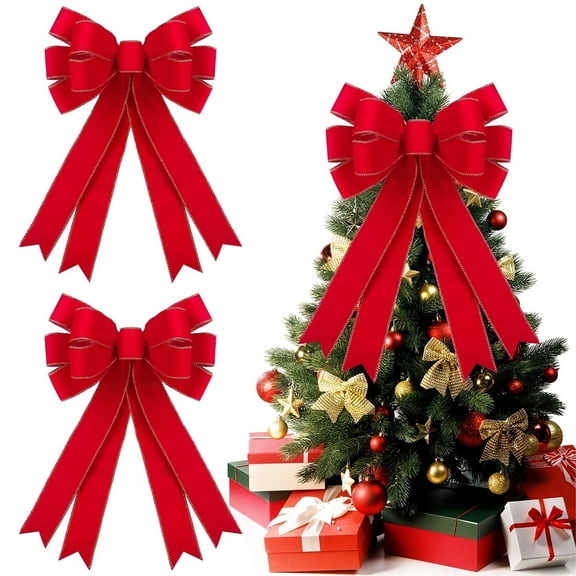 DIYMAG 2 Pcs Red Velvet Bow, 16 x 24in Large Christmas Tree Topper Bow, Bow with Glitter Gold Edge for Xmas Home Front Door Decor