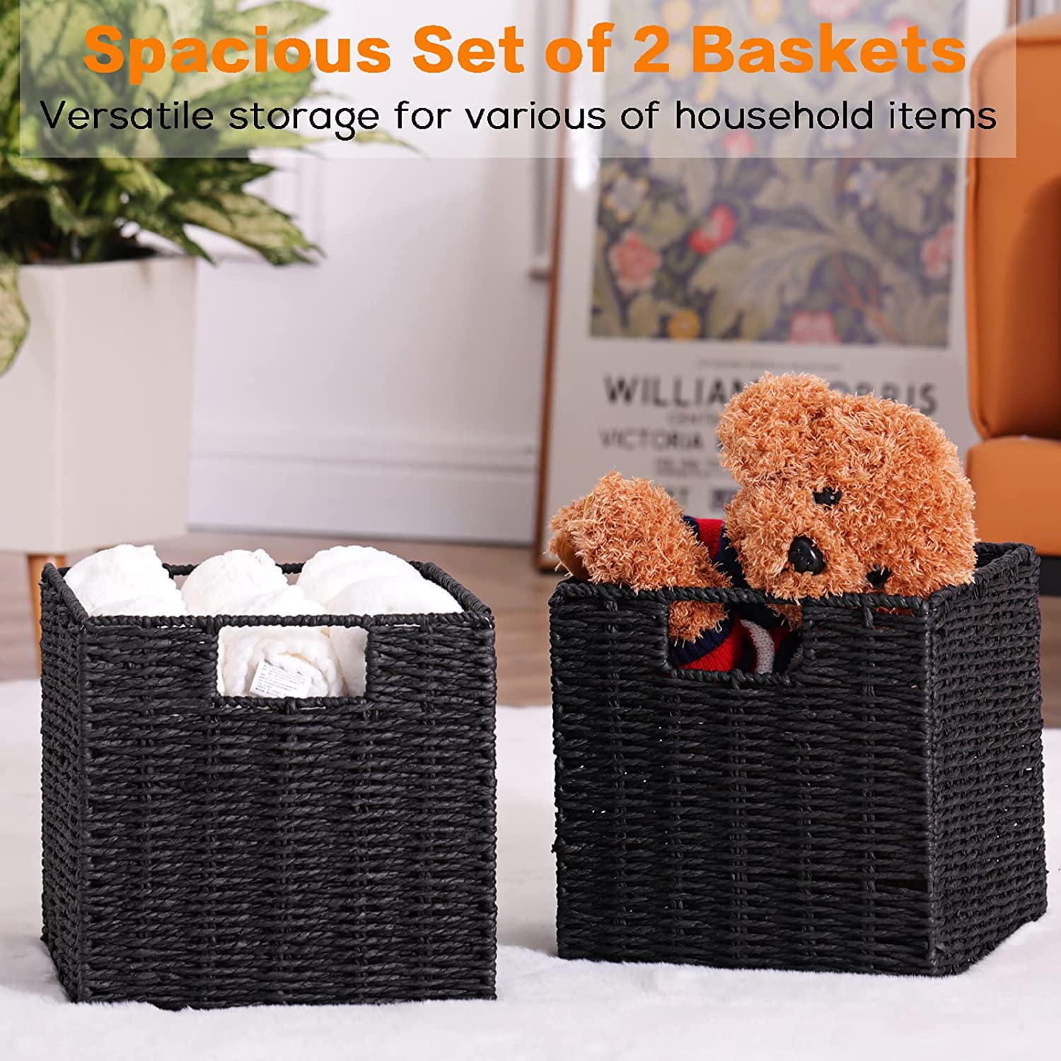 Storage Basket, Set of 2 Hand-Woven Storage Baskets for Organizing with Handles, Foldable Cube Storage Baskets Bins Organizer, 13 inch Large Wicker Baskets for Shelves & Decor, Black