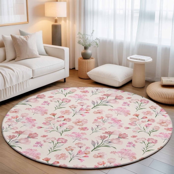 Pink Floral Round Living Room Rugs 8 ft, Spring Romantic Flower Pale Pink Backdrop French Country Washable Large Area Rug with Non-Slip Sturdy Edge Binding Round Carpet for Dining Room Kitchen Office
