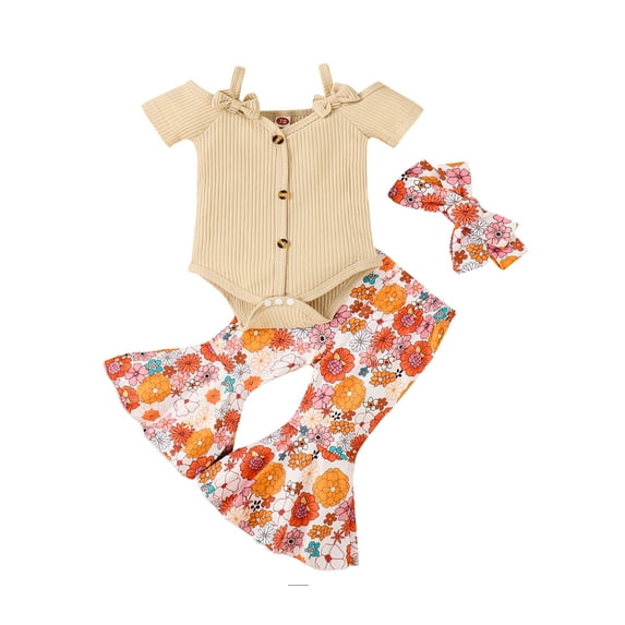 Bagilaanoe 3pcs Newborn Baby Girl Long Pants Set Short Sleeve Romper Tops + Floral Print Flare Trousers + Headband 3M 6M 12M 18M 24M Infant Casual Outfits