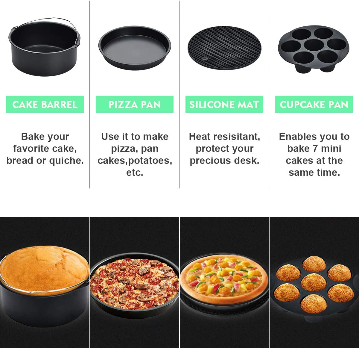 Pizza Pan,Skewer Rack,Patty paper 100pc CrownVirt Air Fryer Accessories Set of 12 Fit All 4.2Qt-5.8Qt Air Fryers,With 7 Inch Cake Pan .Non stick pot,Safe And Harmless,Can Put in Dishwasher -Black.