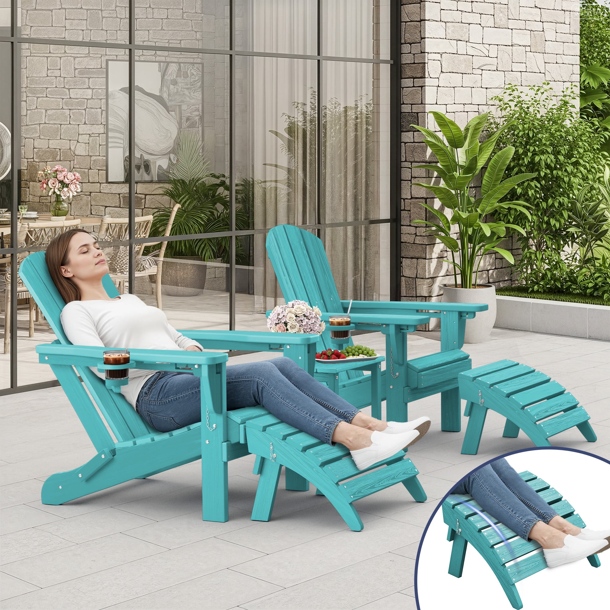 SERWALL 5PC Adjustable Folding Adirondack Chair and Ottoman and Double Side Table, HDPE Adirondack Chairs Set for Outdoor, Patio, Poolside, Garden, Aruba