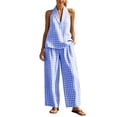 thumbnail image 2 of Dianli 2 Piece Sets for Women Summer Linen Plaid Two Piece Set V Neck Top and Wide Leg Pants Matching Outfit Stylish Casual Wear for Women Summer Vacation Travel and Daily Use Blue XL, 2 of 7