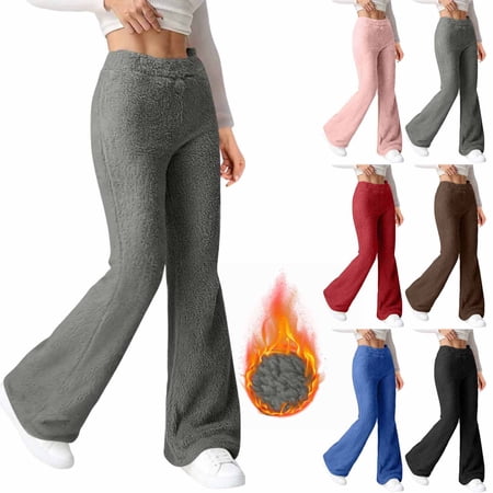 QATAINLAV Fleece Pajamas Pants for Women Winter Fuzzy Lounge Trousers Solid High Waisted Plush Flare Pant Sleepwear Black L
