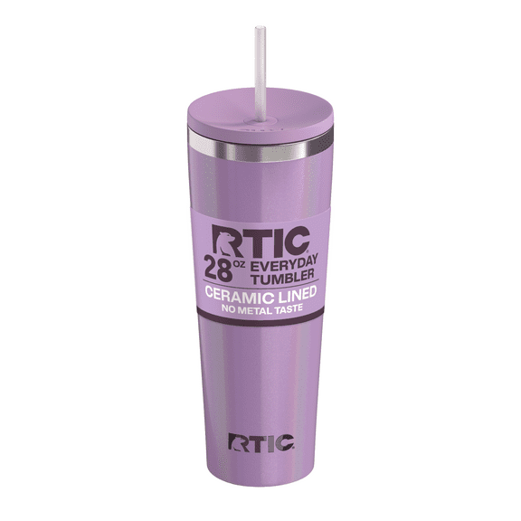 RTIC 28 oz Ceramic Lined Everyday Tumbler, Spill-Resistant Straw Lid, Lavender Glitter