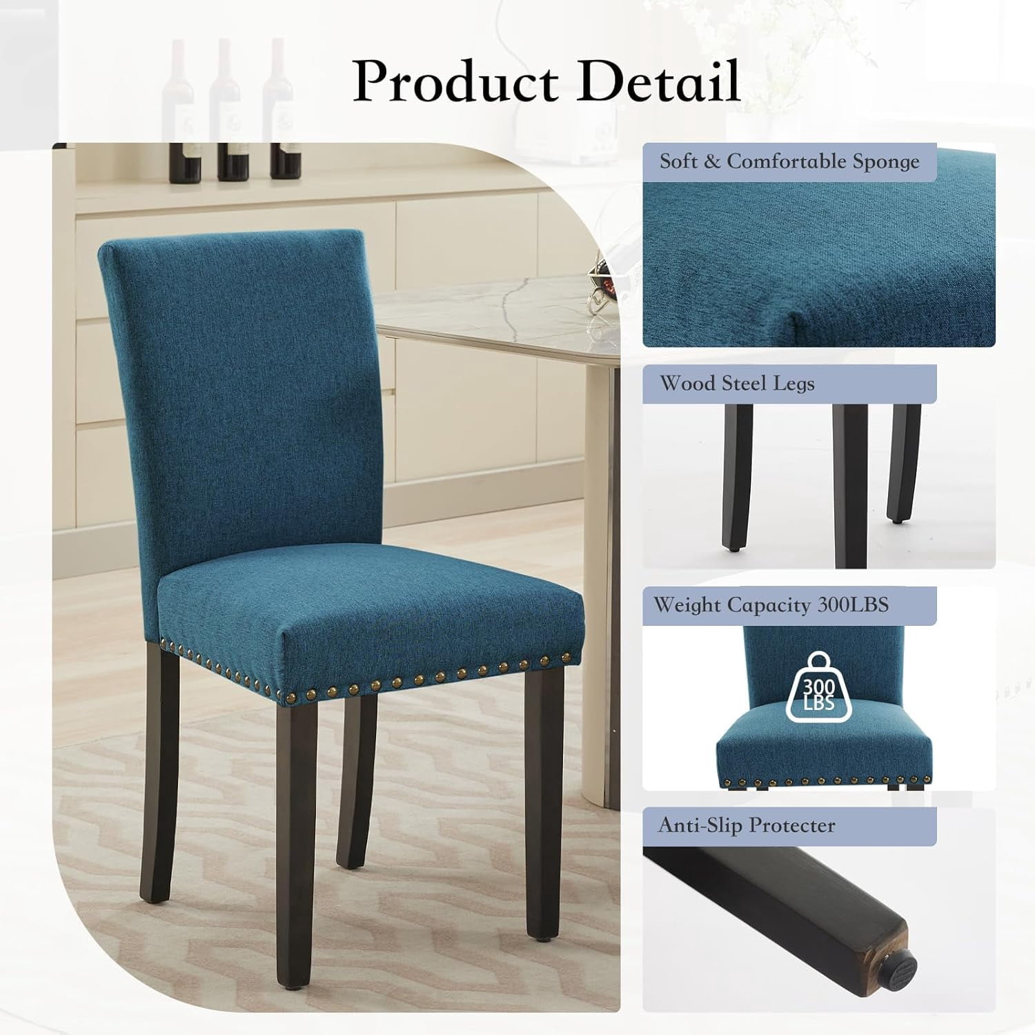 Dining Chairs Set of 2 Upholstered Parsons Diner Room Chair Sets Fabric Kitchen Chairs with Nailhead Trim/Sturdy Wood Legs and Padded Cushion Modern Living Room Chairs, Dark Blue