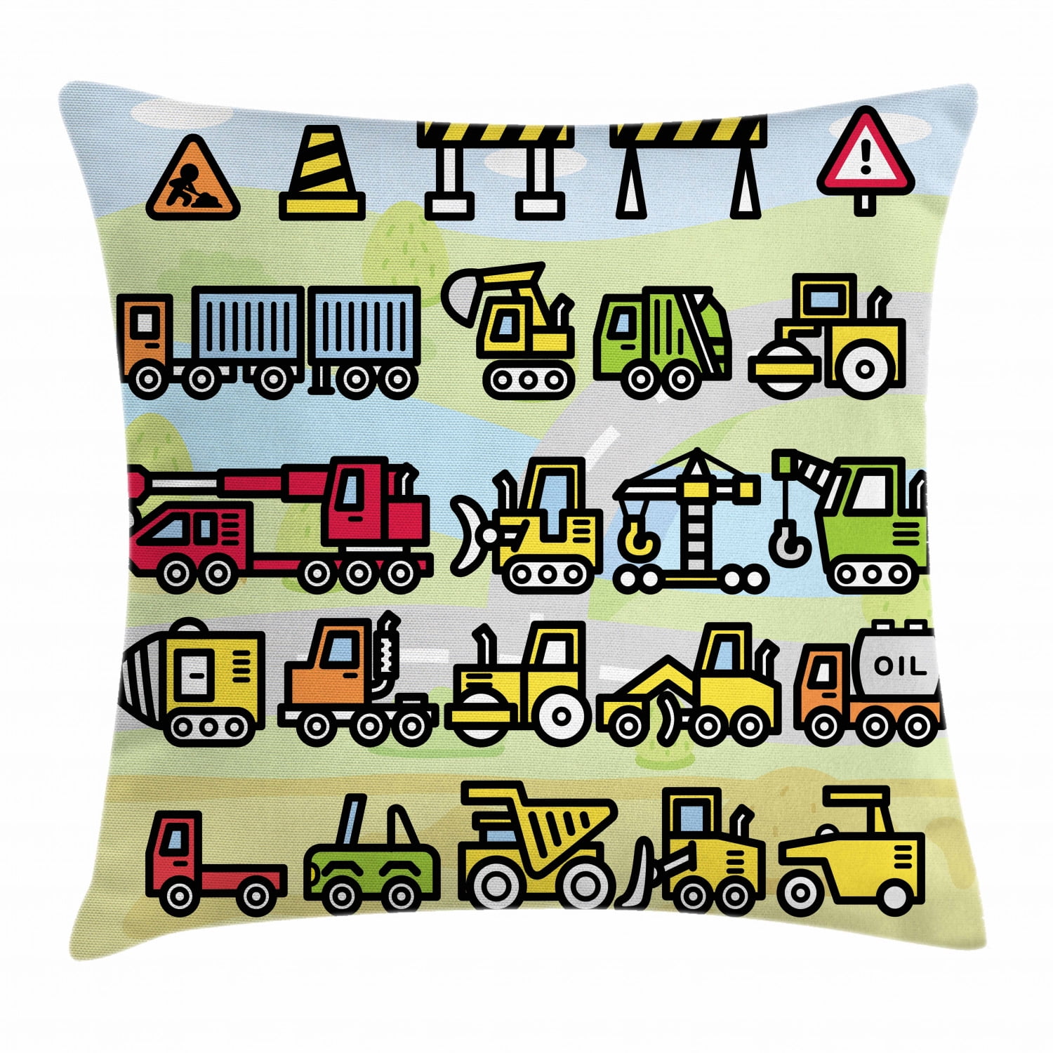 Boy's Throw Pillow Cushion Cover, Excavator Loader Machines Signs and