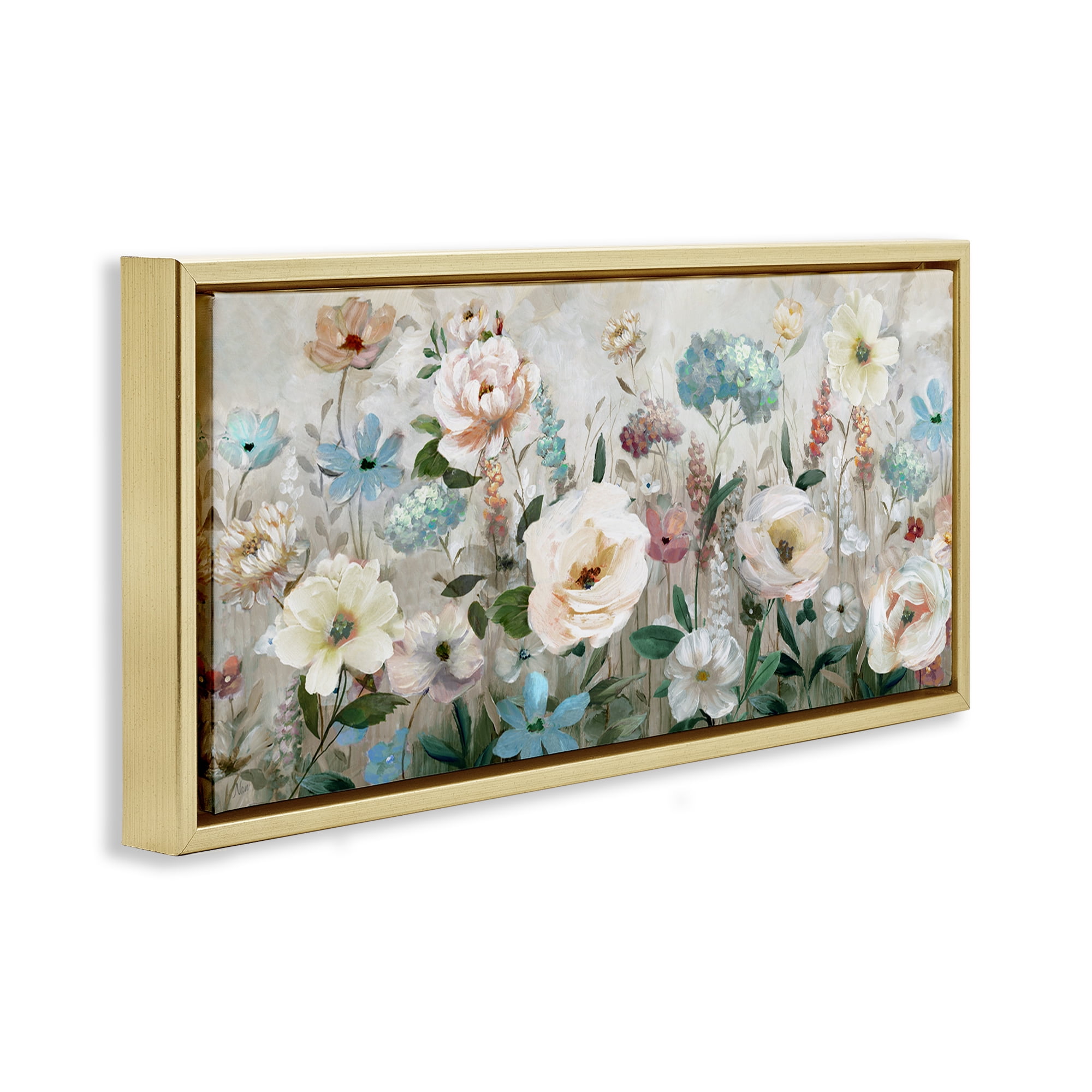 Stupell Industries Pastel Garden of Peonies Gold Framed Floater Canvas Wall Art, design by Nan