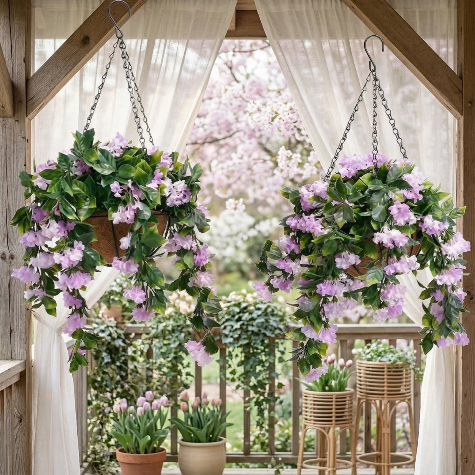 2 Pack Artificial Hanging Flowers for Outdoors, Fake Violet with Hanging Basket, UV Resistant Faux Hanging Plants for Porch Patio Yard Decor