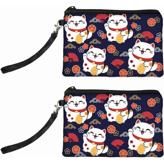 Original Designs Cat Coin Purse for Women Girls Maneki Nekocat 2 Packs Change Purse with Zipper Durable and Soft Canvas Wallet Pouch for Travel Gift diy