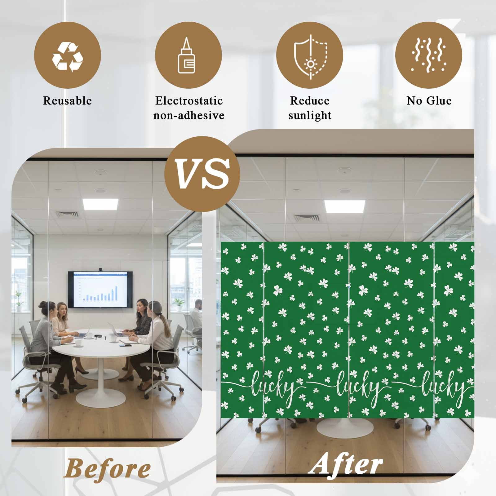 Lucky Shamrock, Window Privacy Film, St. Patrick's Day Irish Clover Green Static Cling UV Sun Blocking Tint Film Heat Control Windows Films for Bedroom Bathroom, Window Stickers 23.6"x59"