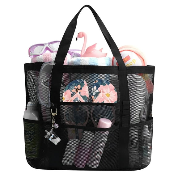 Large Mesh Beach Tote Bag, Beach Hangbag with 9 Pockets for Women and Men, Foldable Mesh Swimming Bag, Black