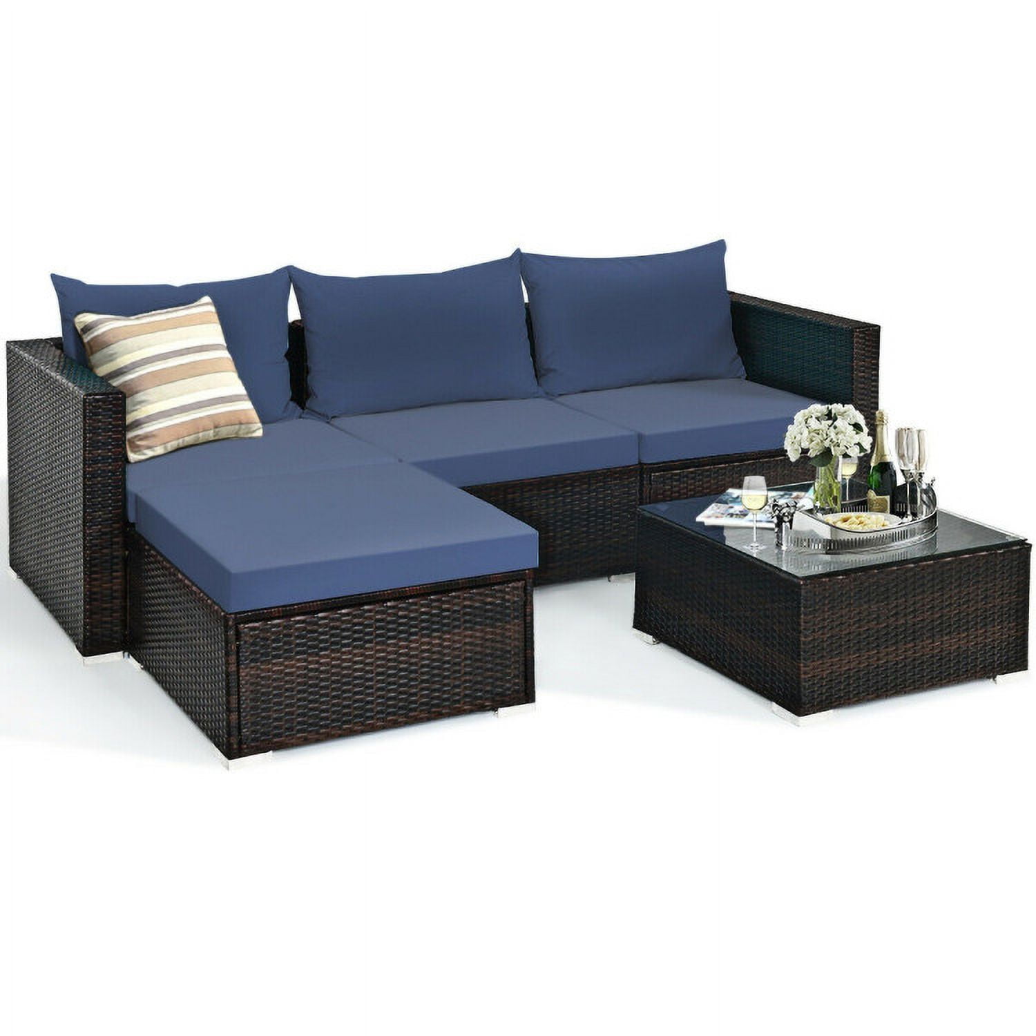 Aimee Lii 5 Pieces Patio Rattan Sectional Furniture Set with Cushions and Coffee Table, Outdoor Deck Furniture, Navy Aimee Lii 5 Pieces Patio Rattan Sectional Furniture Set with Cushions and Coffee Table, Outdoor Deck Furniture, Navy