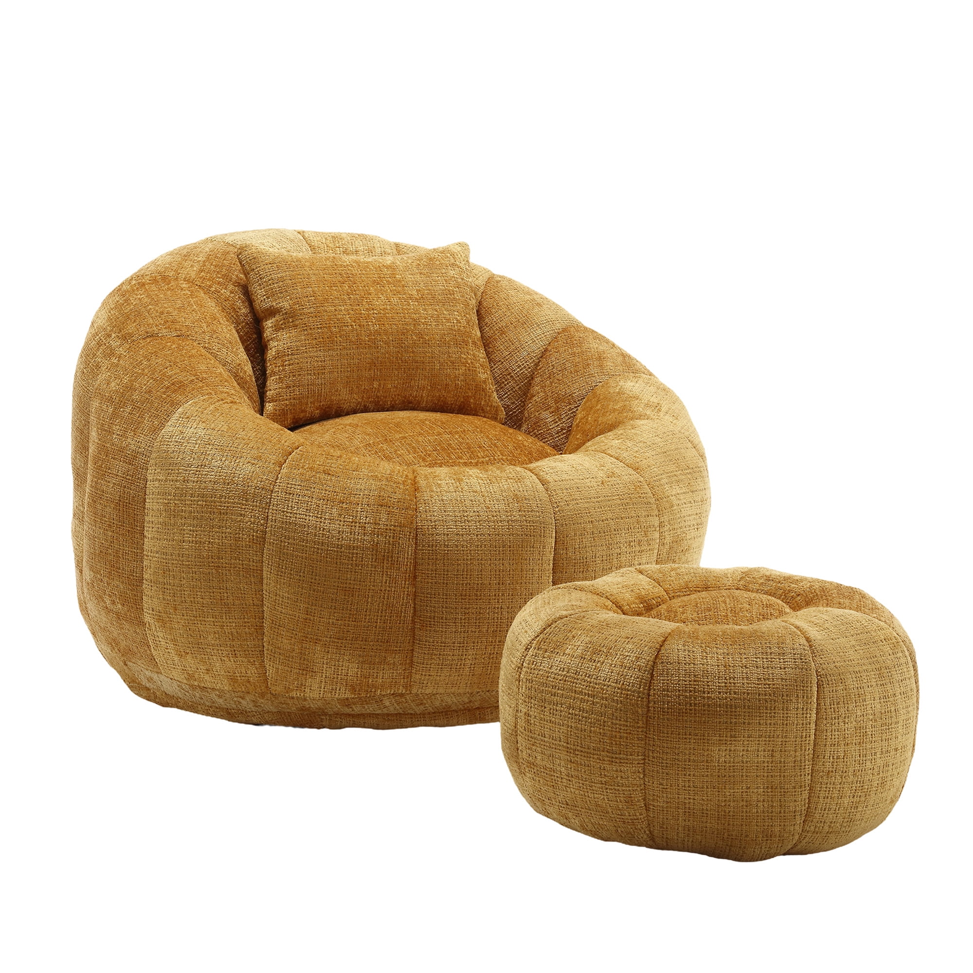 MOONMISS Chenille Upholstered Round Lazy Cozy Bean Bag Chair with Ottoman-YELLOW