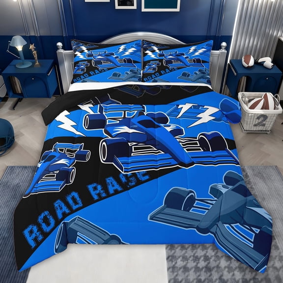 jejeloiu Extreme Sport Game Twin Comforter Sets,Blue Racing Car Bedding Set For Speed Lover Reversible 2 Pieces