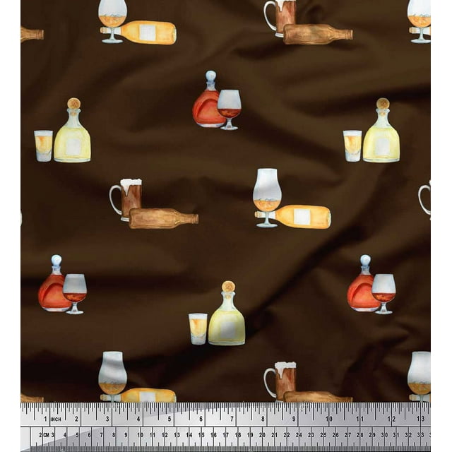 Soimoi Brown Poly Georgette Fabric Designer Bottle & Wine Glass Bar Print Sewing Fabric Yard 42 Inch Wide