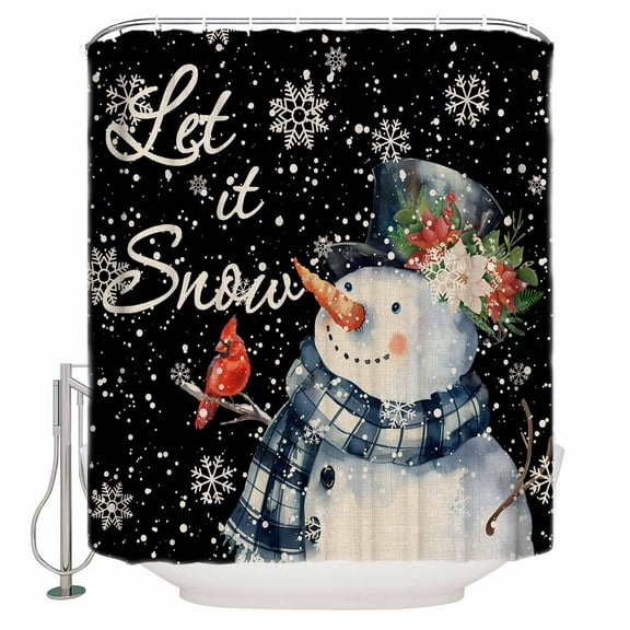 Extra Long Shower Curtain 72x96 Inch, Black Snowman Christmas Shower Curtain Waterproof Bathroom Decor Snowflake Birds Botanical Fabric Bath Curtain Set Accessories with Hooks