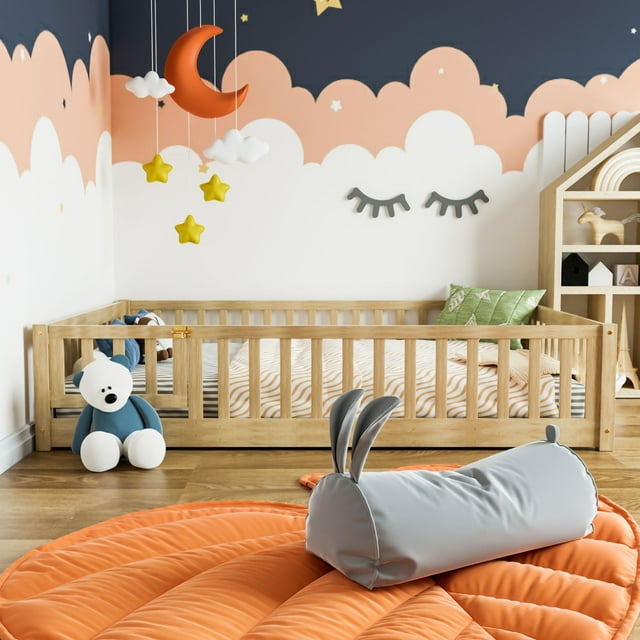 Miniyam Full Size Toddler Floor Bed with Safety Guardrails, Natural