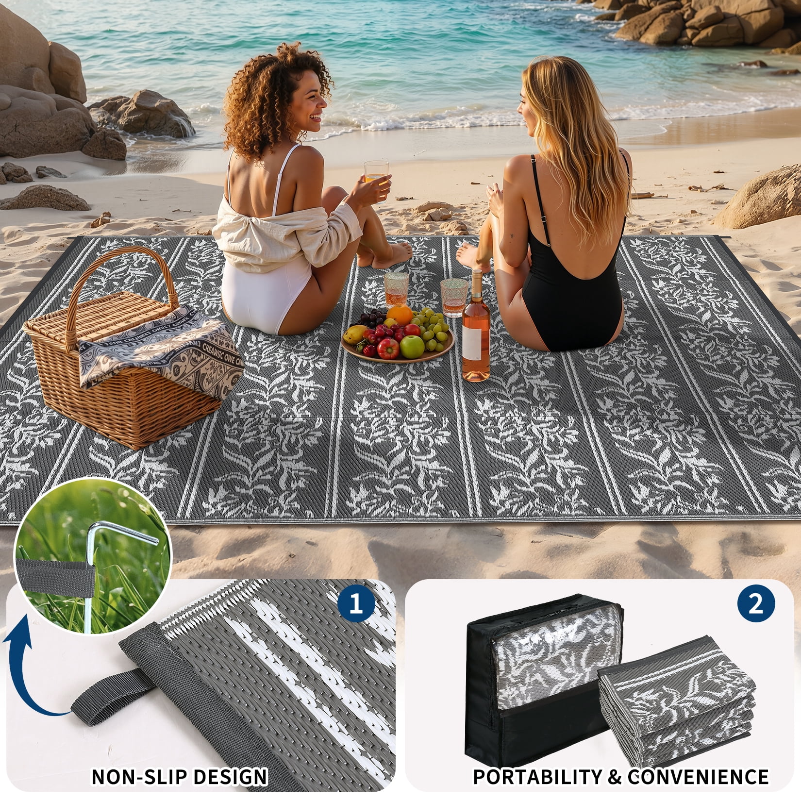 Nanan 9'x18' Outdoor Patio Rug Waterproof Reversible Outdoor Rug Portable Foldable Floral Mat for Camping Balcony Backyard RV Picnic, Gray White