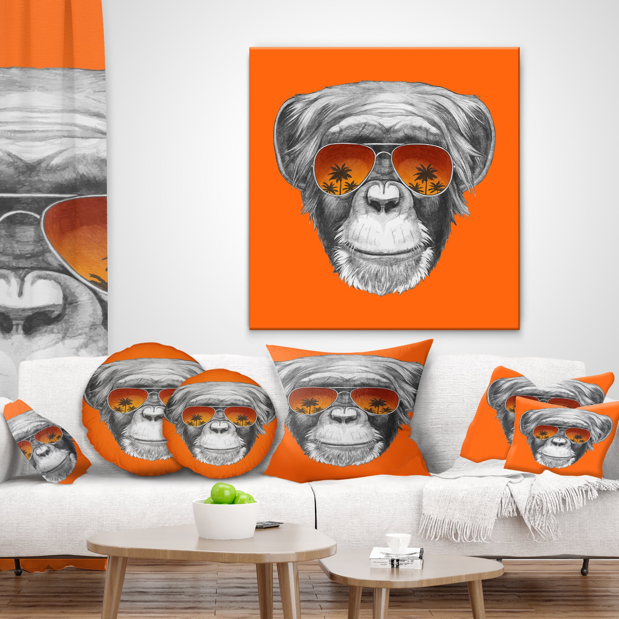 Designart Monkey with Mirror Sunglasses - Animal Throw Pillow - 16x16