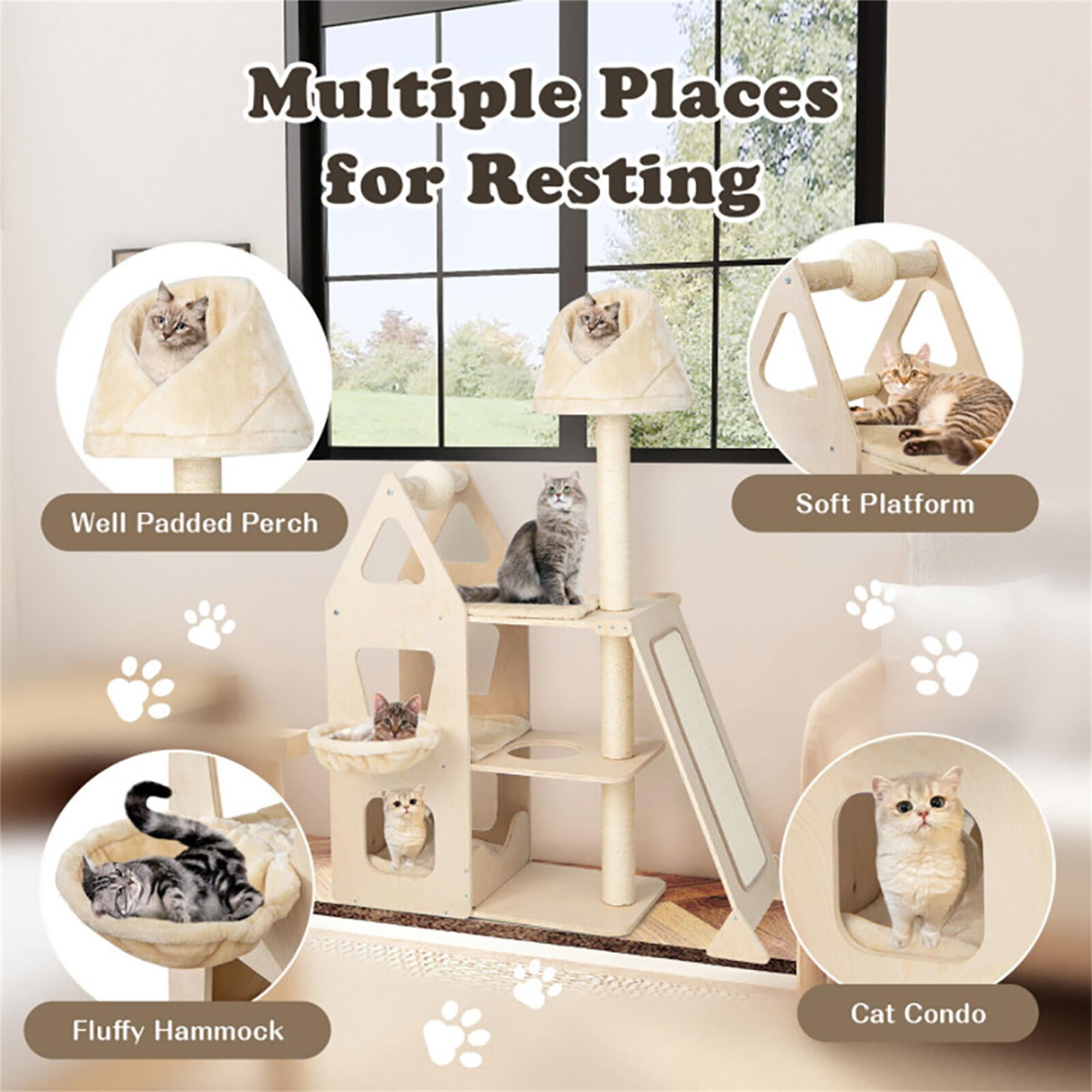 Kadyn 64" Wood Cat Tree Tower for Indoor Cats with Scratching Posts Washable Detachable Cushion, Modern Cat Condo Furniture for Large Cat, Beige