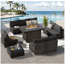 Gaildon Outdoor Garden 10 Piece Patio Furniture with 43" 55000BTU Gas Propane Fire Pit Table Rattan Wicker Sectional Set,Black