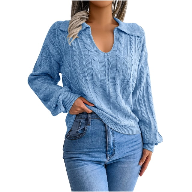 Hauts pour Femmes Tendances 2023 Femmes Décontracté Col à Revers Uni Manches Longues Pull Ample Blouse Hauts Bleu S
