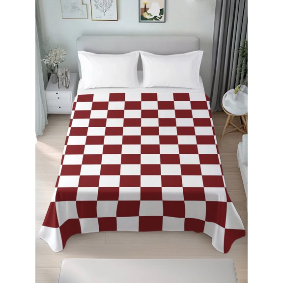 Queen Size Flat Sheet Only,Red White Square Tiles Soft Top Bed Sheets Breathable Bedding Sheet Traditional Plaid Pattern Microfiber Hotel Luxury Top Sheets