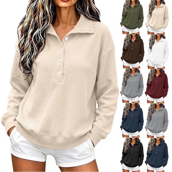 Maplenight Womens Henley Sweatshirts Waffle Knit Button Up Pullover Sweatshirt Side Slit Long Sleeve Casual Fall Tops