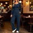 thumbnail image 5 of FAZVAOO Womens Lounge Sets,Henley Long Sleeve Slim Top Drawstring Wide Leg Pants Sets Navy S, 5 of 9
