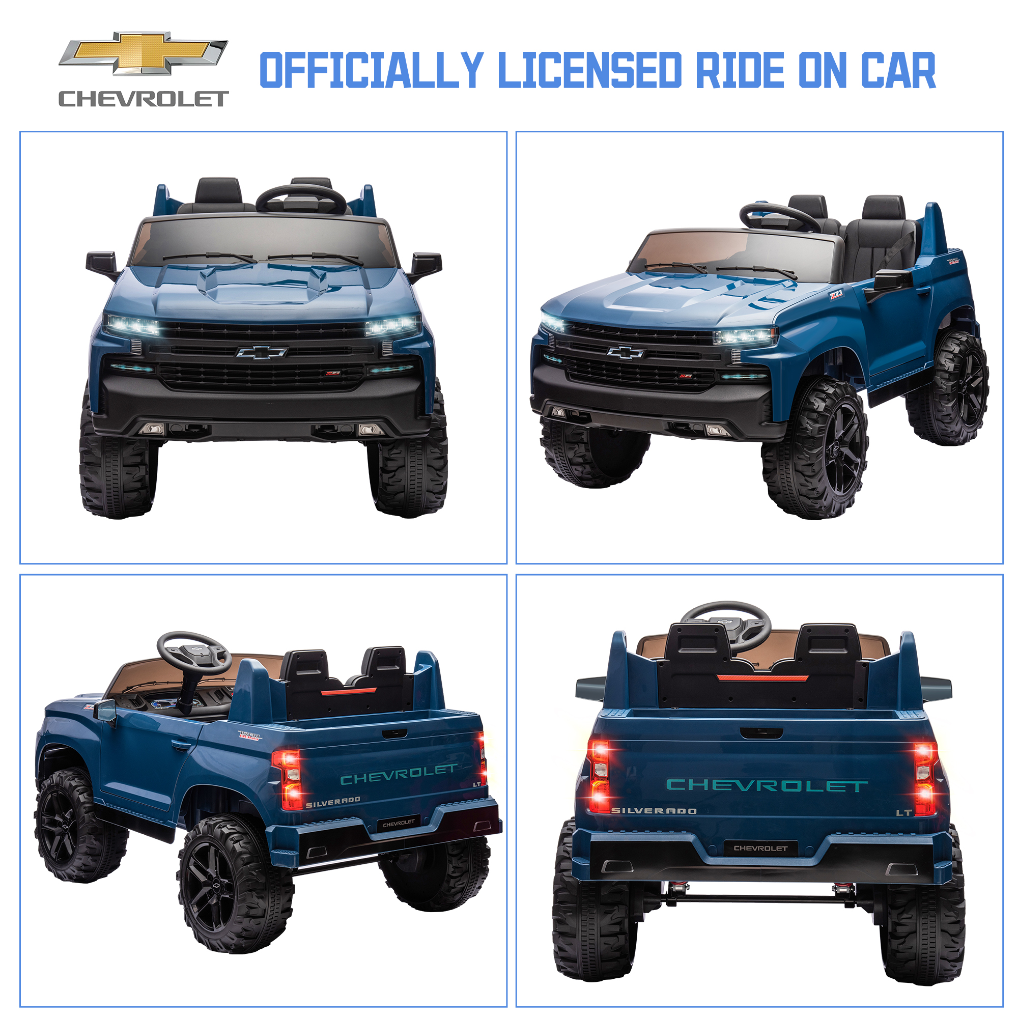 Chevrolet Silverado 24V Powered Ride on Cars for Kids, Extra large Real 2 Seat Ride on Toys with Remote Control, LED Light, MP3 Player, Electric Vehicles Ride on Truck for Boys Girls Gifts, Blue